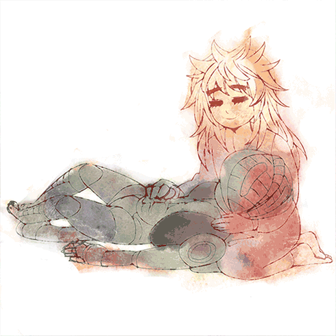 Hunter x Hunter anime pfp: soft watercolor fanart of a smiling long-haired character sitting and gently cradling a reclining companion as a forum avatar.