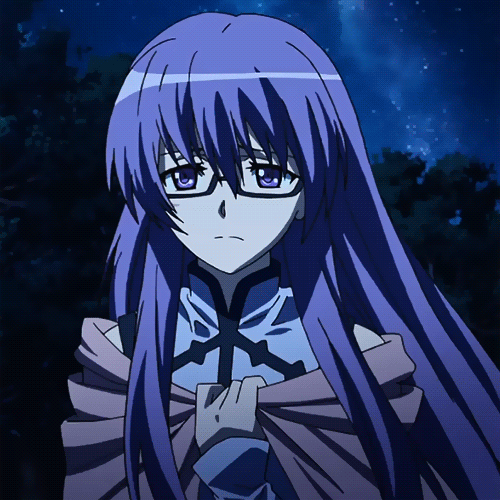 Akame ga Kill! anime avatar: long purple-haired, bespectacled character clutching a cloak beneath a starry night.