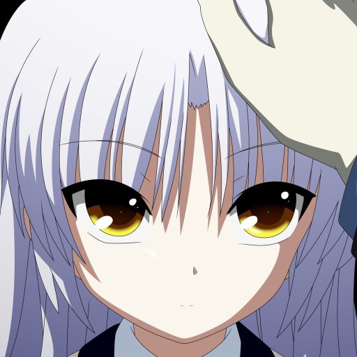 Forum avatar: close-up of Kanade Tachibana (Angel Beats!) — pale silver hair, golden eyes, neutral expression.