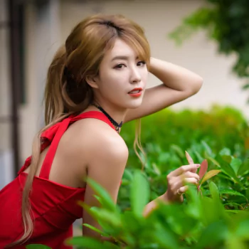 brunette lipstick red dress model asian woman PFP