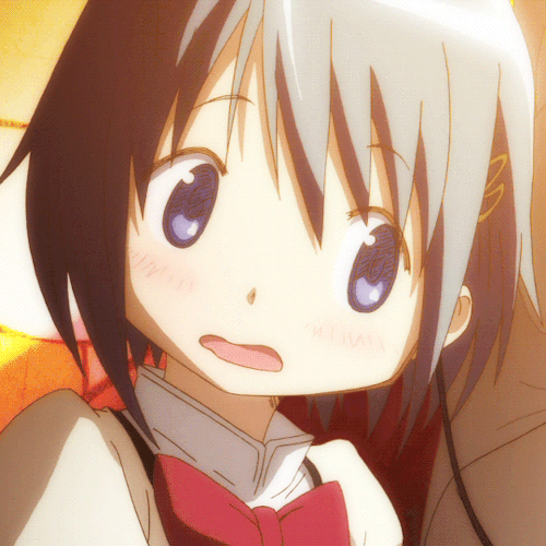 Close-up anime forum avatar of a Puella Magi Madoka Magica character with short dark hair, large blue eyes, pink ribbon and a surprised, blushing expression.