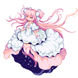 Forum avatar of Madoka Kaname from Puella Magi Madoka Magica: pixel-art anime portrait of her in a flowing white frilled gown with long pink hair and a starry skirt.