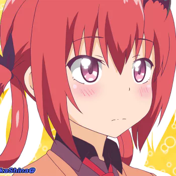 Close-up anime avatar of Satanichia Kurumizawa McDowell from Gabriel DropOut with red hair and a serious expression against a bright yellow background.