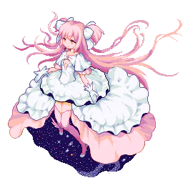 Forum avatar of Madoka Kaname from Puella Magi Madoka Magica: pixel-art anime portrait of her in a flowing white frilled gown with long pink hair and a starry skirt.