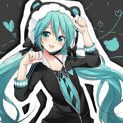 Forum avatar/pfp of Hatsune Miku (Vocaloid) in anime style — teal twin-tails, black bear-eared hoodie, playful pose with heart doodles on a dark background.