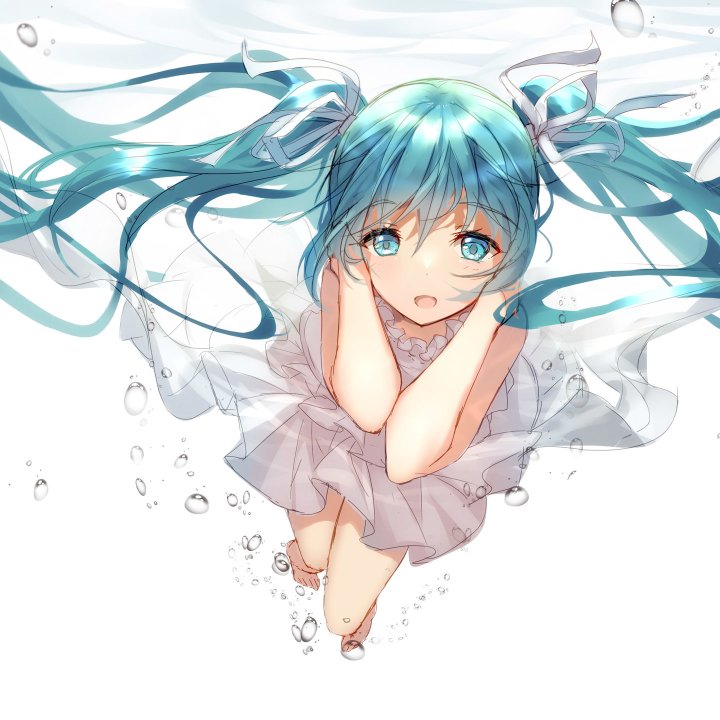 Underwater anime portrait of Hatsune Miku with aqua twintails, aqua eyes, and long hair, floating gracefully in a light, translucent dress.