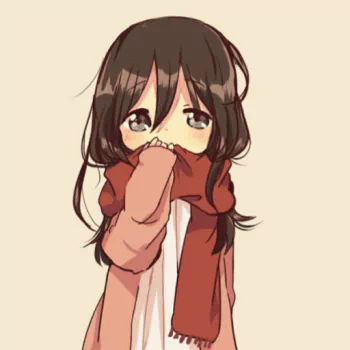 Chibi-style anime illustration of Mikasa Ackerman from Attack on Titan, wearing a red scarf and a pinkish-brown coat, with a shy expression on a light background.