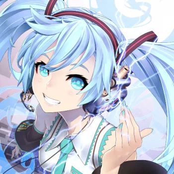 Close-up anime-style portrait of Hatsune Miku with bright blue eyes and turquoise twin tails, wearing her signature outfit and headphones, used as a Vocaloid forum avatar.