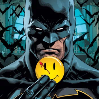 Forum avatar featuring Batman holding the iconic Watchmen smiley face button, blending elements from Batman/The Flash: The Button comic crossover.