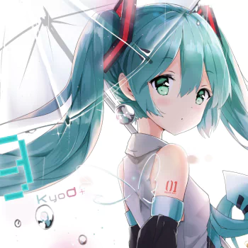 Anime-style portrait of Hatsune Miku, the iconic Vocaloid, featuring her signature teal twin-tails and futuristic outfit, set against a light background with a translucent umbrella.