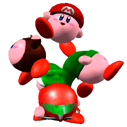 Kirby forum avatar/pfp: a colorful collage of Kirbys—one wearing a Mario cap, another in a Samus-style helmet—clustered and floating against a black background.