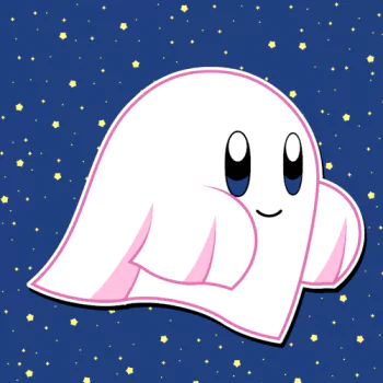 Kirby dressed as a ghost floating against a starry night background, used as a video game forum avatar.
