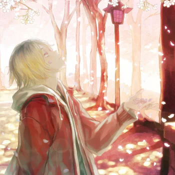 Anime (Haikyū!!) forum avatar/pfp: blond character in a red jacket beneath pink cherry blossoms, holding an envelope as petals drift, gazing skyward.