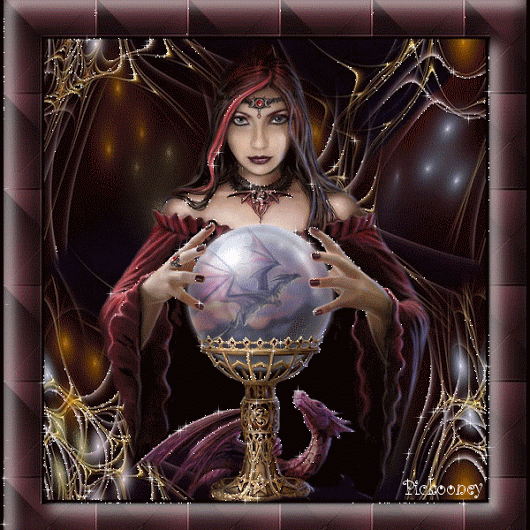 Forum avatar/pfp of a fantasy witch in a red hood, hands around a glowing crystal ball that holds a coiled dragon, ornate golden stand and webbed, dark background.