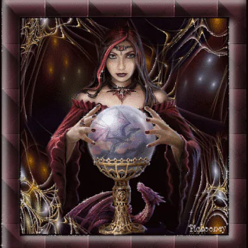 Forum avatar/pfp of a fantasy witch in a red hood, hands around a glowing crystal ball that holds a coiled dragon, ornate golden stand and webbed, dark background.