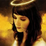 Dark angel forum avatar: pensive young woman with a glowing halo, soft golden light and shadowed features.