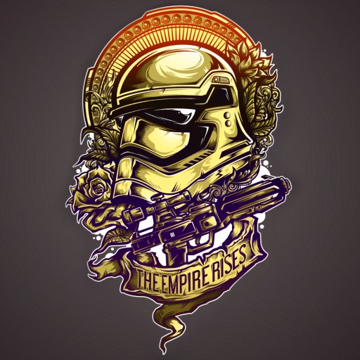 Star Wars sci‑fi forum profile avatar: gold, ornate Stormtrooper-style helmet with floral flourishes, a blaster and banner reading THE EMPIRE RISES.