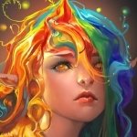 Fantasy elf portrait with rainbow hair, golden eyes and luminous freckles, stylized as a vibrant forum avatar/pfp.
