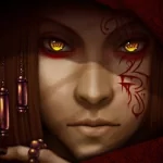 A fantasy-themed avatar featuring a woman with striking yellow eyes, intricate facial markings, and a mysterious expression, set against a dark, hooded background.