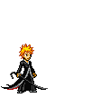 Pixel art of Ichigo Kurosaki from the anime Bleach, depicted in his signature black Shinigami outfit with a sword, designed as a forum avatar/profile picture.