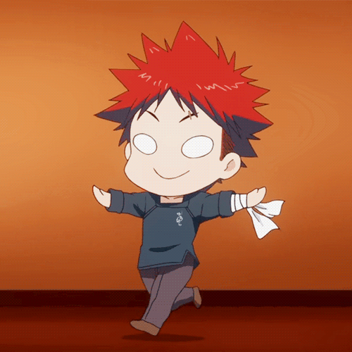 Chibi-style avatar of Soma Yukihira from the anime Food Wars: Shokugeki no Soma, smiling and walking with a white cloth in hand against an orange background.