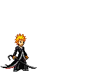 Pixel art of Ichigo Kurosaki from the anime Bleach, depicted in his signature black Shinigami outfit with a sword, designed as a forum avatar/profile picture.
