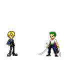 An 8-bit style avatar featuring Sanji and Zoro from the One Piece anime, posed in a side-by-side stance with their signature outfits and items.