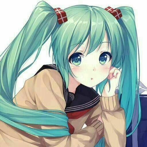 Anime-style Vocaloid Hatsune Miku avatar — teal twin-tails, sailor school uniform, big blue-green eyes, resting chin on hand.