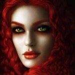 Fantasy-themed forum avatar of a woman with striking green eyes, vibrant red curly hair, and vivid red lips, exuding a mysterious and enchanting aura.