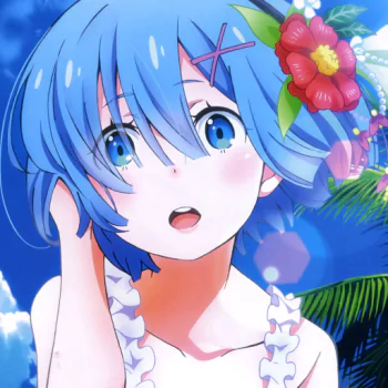 Anime-style avatar featuring Rem from Re:Zero - Starting Life in Another World, with blue hair, expressive eyes, and floral accessories against a bright sky background.