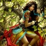 Fantasy-themed forum avatar depicting a woman with dark hair in vibrant, intricate clothing surrounded by lush green foliage, exuding a mystical and enchanting aura.