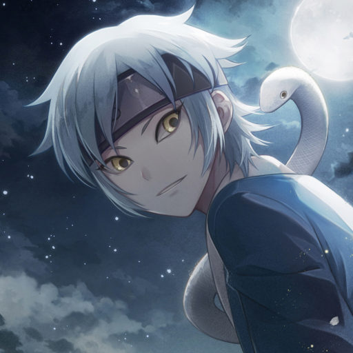 Forum avatar of Mitsuki (Naruto) from Boruto — moonlit anime portrait with pale blue hair, golden eyes, a headband and a white snake draped over his shoulder, soft smile.