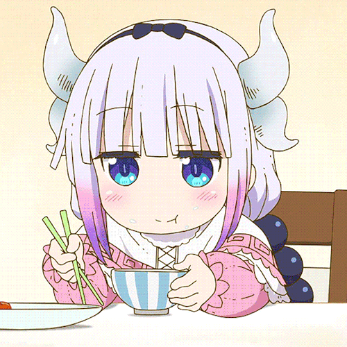 Animated avatar of Kanna Kamui from Miss Kobayashi's Dragon Maid, enjoying a meal with chopsticks.