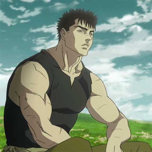 Forum avatar/pfp of Guts from Berserk: anime-style muscular man in a black sleeveless top seated on grass with a cloudy sky backdrop.