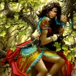 Fantasy-themed forum avatar depicting a woman with dark hair in vibrant, intricate clothing surrounded by lush green foliage, exuding a mystical and enchanting aura.