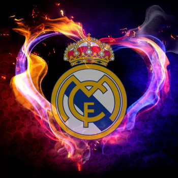 Real Madrid logo in a vibrant, artistic design featuring flames and a heart shape, representing Real Madrid C.F. and its passionate sports fanbase.