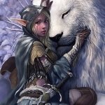 An elf in a fantasy setting, wearing a hooded cloak and armor, gently caressing a large white wolf, used as a forum profile photo.