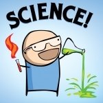 Cartoon avatar of a joyful character holding a test tube with a bubbling green liquid, with the word SCIENCE! above, signifying excitement for scientific experiments.