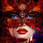 Fantasy-themed forum avatar featuring a woman with striking blue eyes, red lips, and an elaborate red feathered mask adorned with jewels.