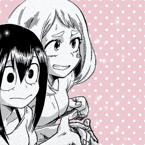 Forum avatar/pfp showing My Hero Academia characters Ochako Uraraka and Tsuyu Asui in a manga-style close-up against a pink polka-dot background.
