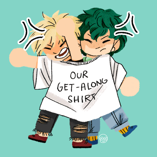 My Hero Academia anime forum avatar: green-haired and blond characters squeezed into a shirt reading OUR GET-ALONG SHIRT on a teal background.