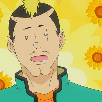 Forum avatar of Nendou Riki from The Disastrous Life of Saiki K., grinning with a blond mohawk and turquoise jacket against a bright sunflower background.
