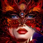 Fantasy-themed forum avatar featuring a woman with striking blue eyes, red lips, and an elaborate red feathered mask adorned with jewels.