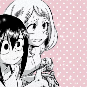 Forum avatar/pfp showing My Hero Academia characters Ochako Uraraka and Tsuyu Asui in a manga-style close-up against a pink polka-dot background.