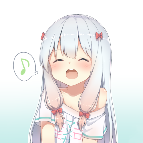 Anime-style forum avatar of Sagiri Izumi from EroManga-Sensei, featuring her with long white hair, red hair bows, and a cheerful expression singing a musical note.