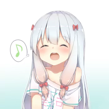 Anime-style forum avatar of Sagiri Izumi from EroManga-Sensei, featuring her with long white hair, red hair bows, and a cheerful expression singing a musical note.