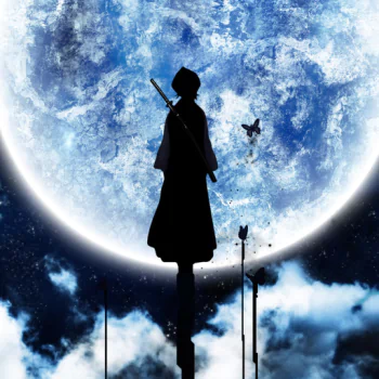 Silhouette of Rukia Kuchiki from Bleach standing before a glowing full moon with a dark blue cloudy sky in an anime-style forum avatar.