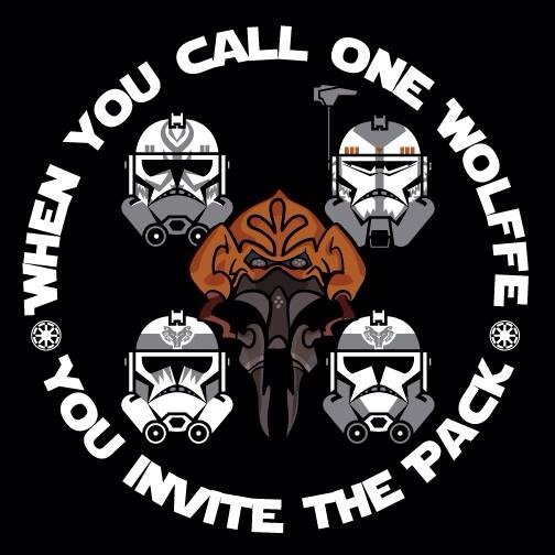 Forum avatar/pfp: Star Wars movie–style design with Plo Koon's mask centered among four clone trooper helmets and the slogan When you call one wolf you invite the pack.