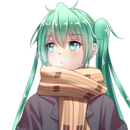Anime-style Hatsune Miku portrait: teal twin-tails and matching eyes, wrapped in a wide striped scarf and coat, gazing off to the side — forum avatar/pfp.