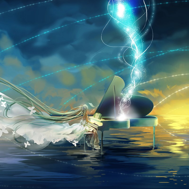 Anime-style Hatsune Miku (Vocaloid) in a fantasy forum avatar: flowing dress and butterflies as she plays a glowing grand piano on water beneath swirling magical light.